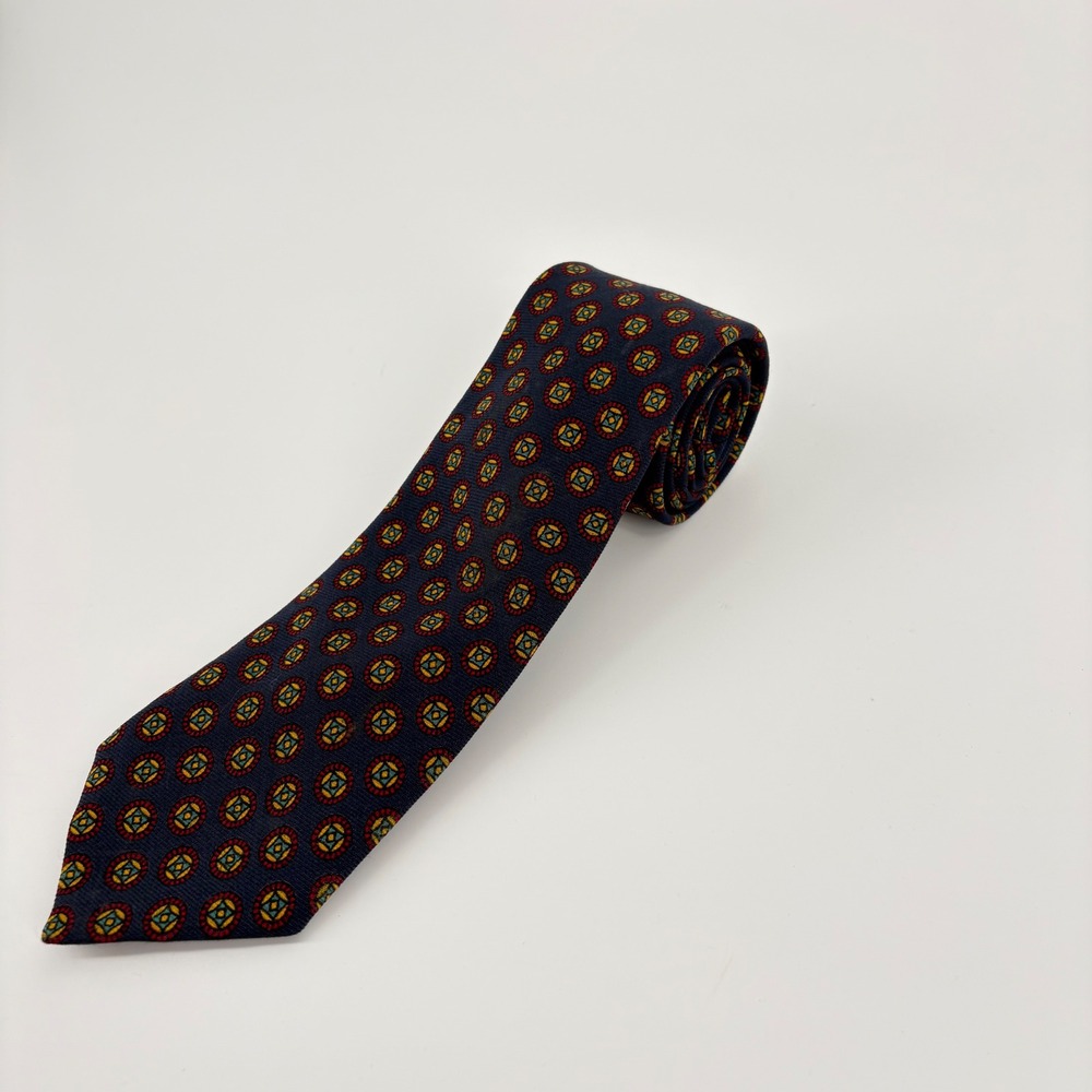 Vintage Robert Talbott Navy Blue Geometric Silk‎ Wool Neck Tie Carmel by the Sea